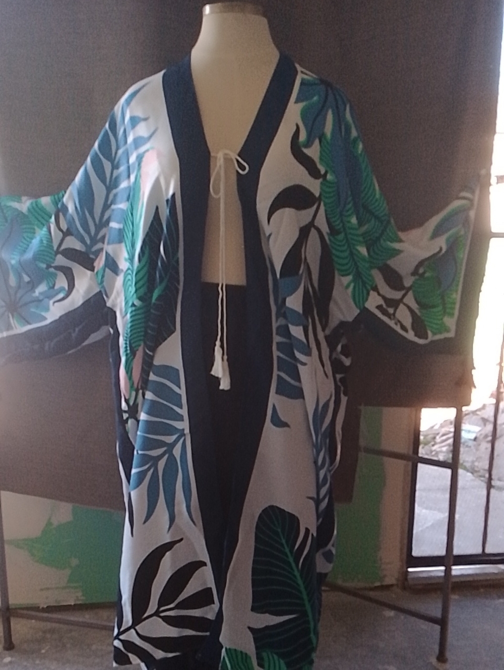 Tropical Leaf Print Swim Cover-Up Kimono in Green & Blue
